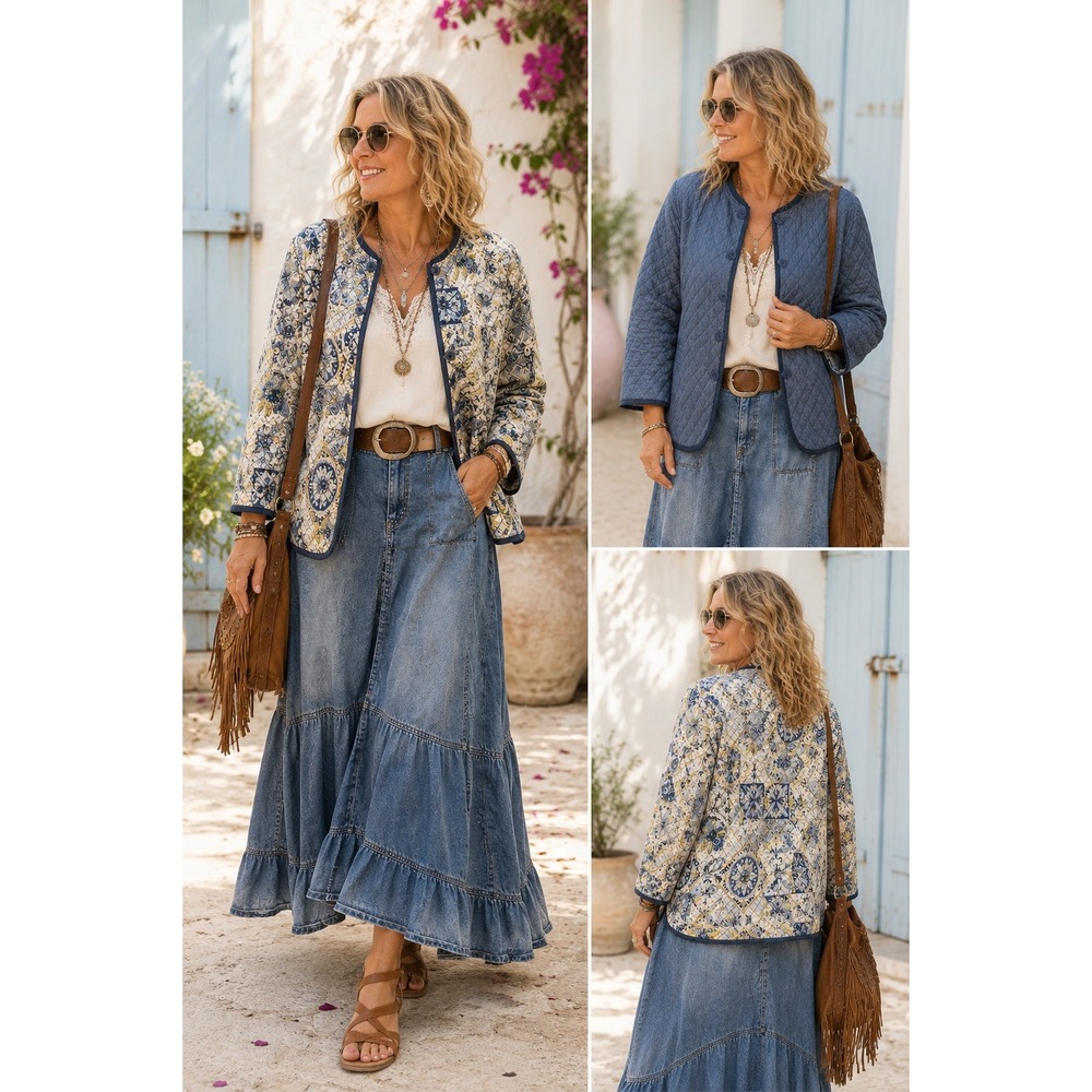 Boho Cottagecore Reversible Quilted Blue Mosaic Standup Collar Petite XL Jacket